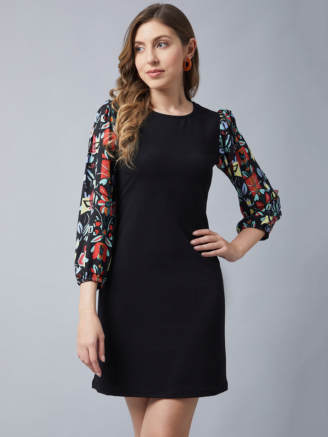 StyleStone Women's Black Dress with Printed Balloon Sleeves