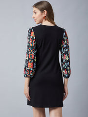 StyleStone Women's Black Dress with Printed Balloon Sleeves