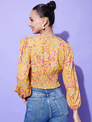 StyleStone Women's Yellow Floral Top with Smocking Detail