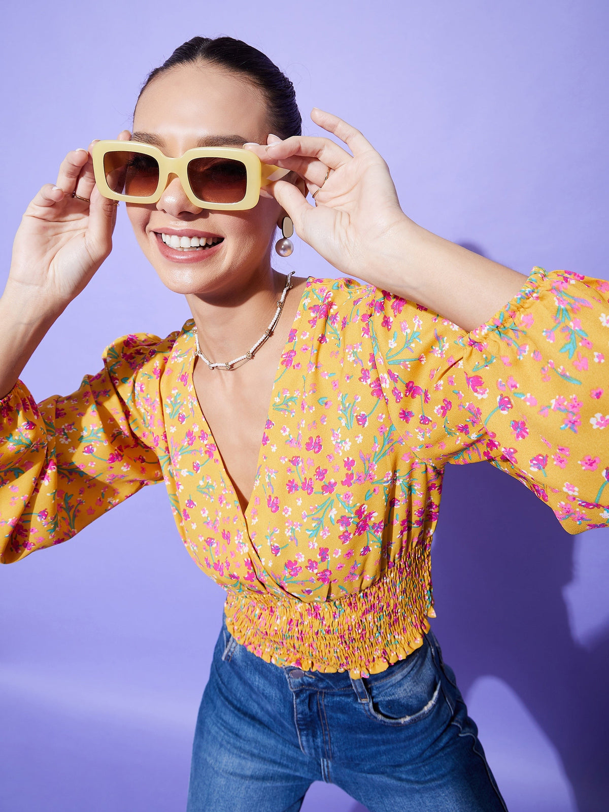 StyleStone Women's Yellow Floral Top with Smocking Detail