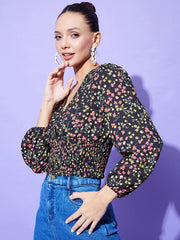 StyleStone Women's Yellow Floral Top with Smocking Detail