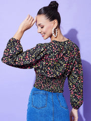 StyleStone Women's Yellow Floral Top with Smocking Detail