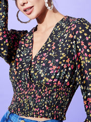 StyleStone Women's Yellow Floral Top with Smocking Detail