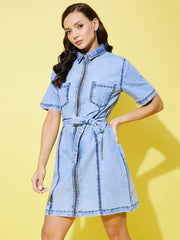 StyleStone Women's Denim Dress with Front Zip