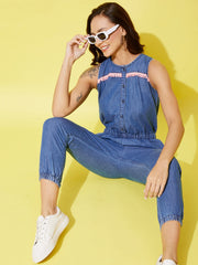 StyleStone Women's Denim Jumpsuit with Neon Lace Insert