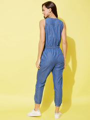 StyleStone Women's Denim Jumpsuit with Neon Lace Insert