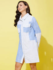 StyleStone Women's Denim Shirt Dress with Patchwork Detail