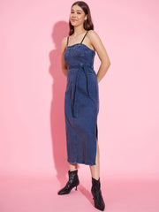 StyleStone Women's Denim Corset Style Padded Maxi Dress