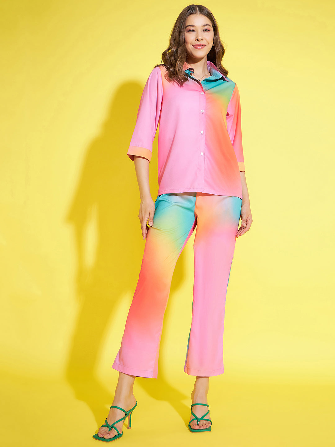 StyleStone Women's Rainbow Printed Shirt & Trouser Co-Ord Set