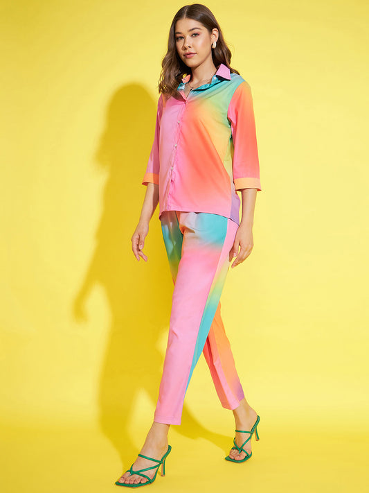 StyleStone Women's Rainbow Printed Shirt & Trouser Co-Ord Set