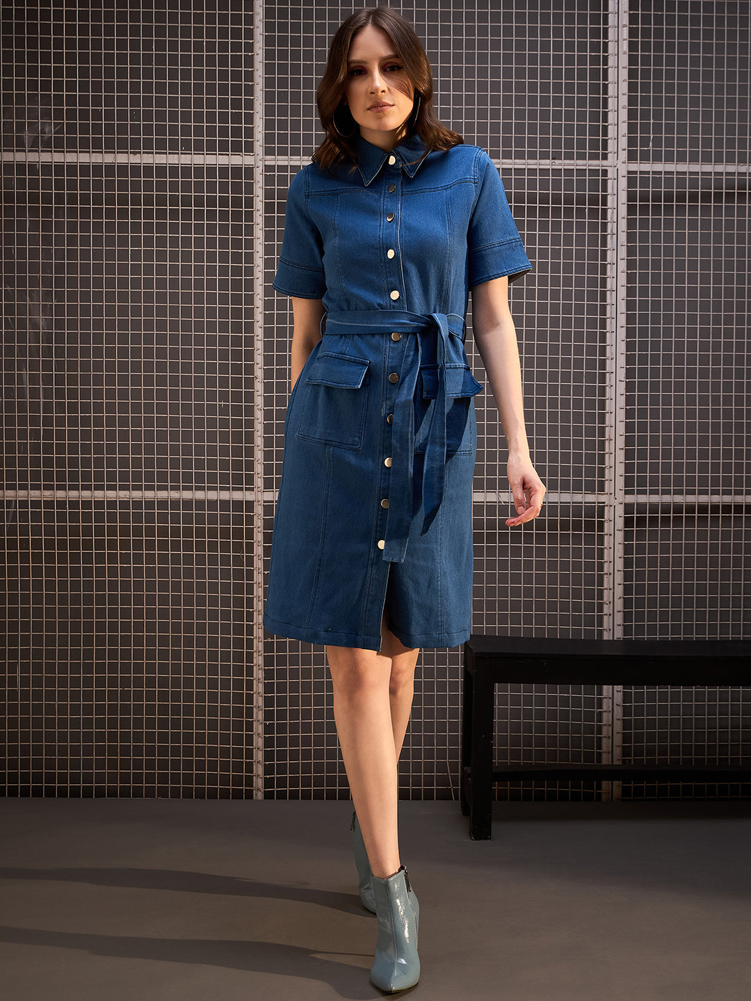 StyleStone Women's Denim Dress with Front buttons