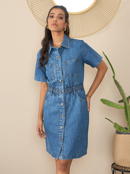 StyleStone Women's Denim Dress with Belt detail