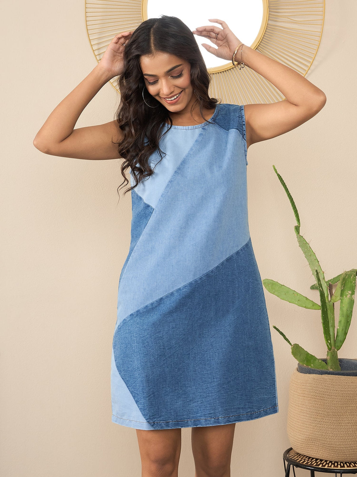 StyleStone Women's Denim Dress with patchwork detail