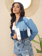 StyleStone Women's Blue Denim Crop Jacket with Color Blocking patchwork detail