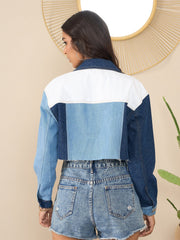 StyleStone Women's Blue Denim Crop Jacket with Color Blocking patchwork detail