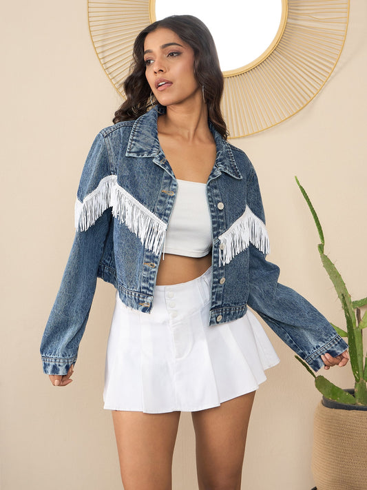 StyleStone Women's Denim Crop Jacket with Front Fringes