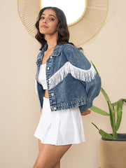 StyleStone Women's Denim Crop Jacket with Front Fringes