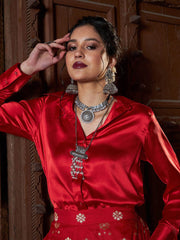 Shae by SASSAFRAS - Women Satin Shirt With Self Design Brocade Palazzo