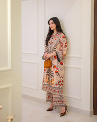 Cream colour lawn print kurta set