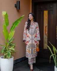 Cream colour lawn print kurta set