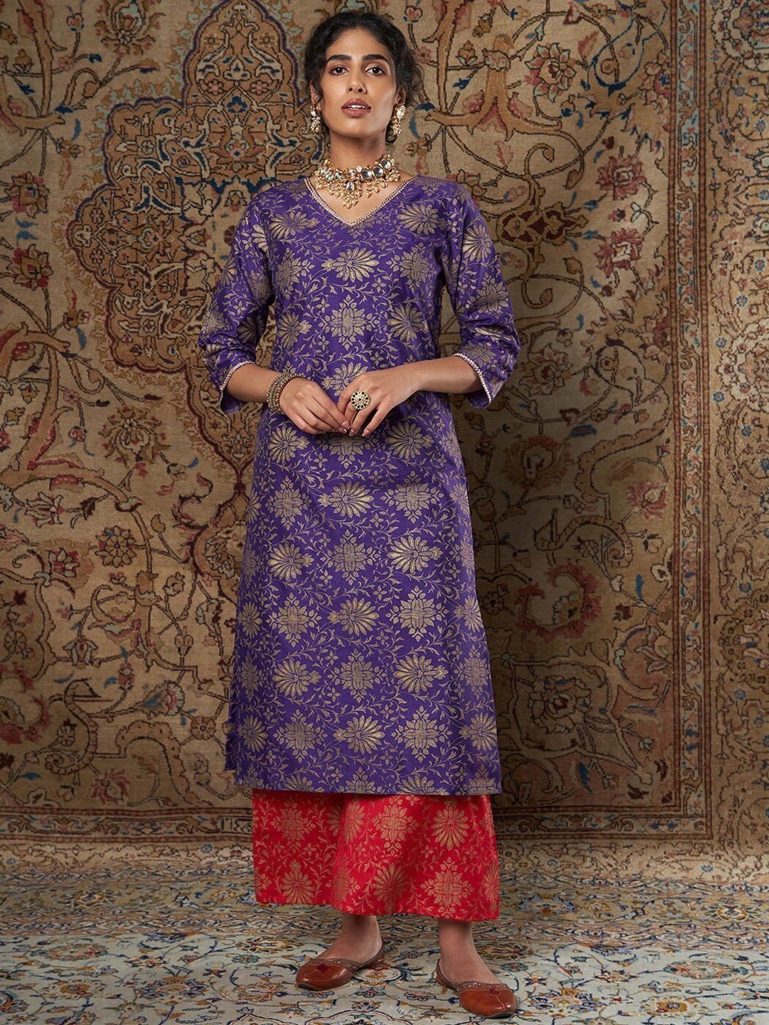 Women Purple Ethnic Motifs Yoke Design Thread Work Kurta with Palazzos