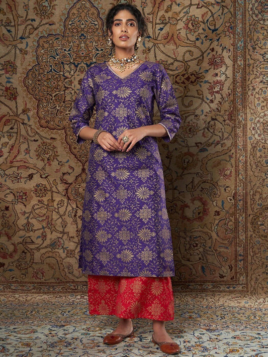 Women Purple Ethnic Motifs Yoke Design Thread Work Kurta with Palazzos