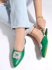 Embellished Front Studded Buckle Green Mules For Women & Girls