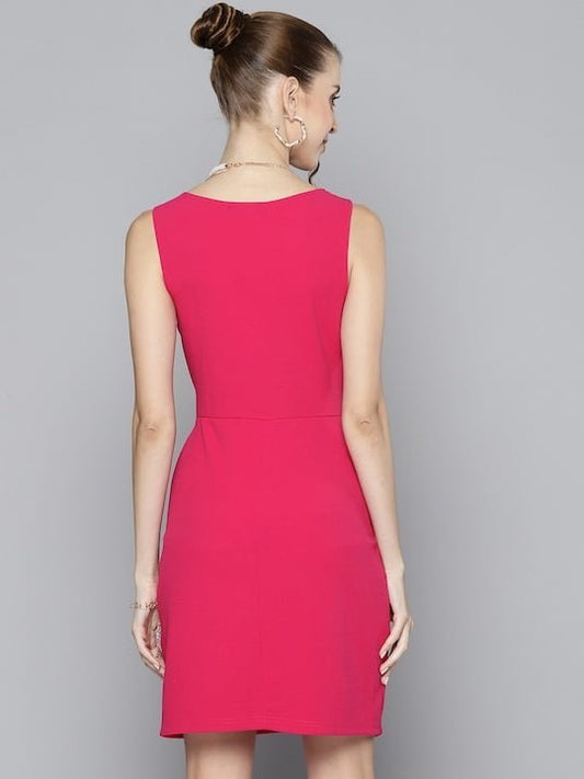 Women Fuchsia Pink Solid A-Line Dress with Cut-Out Detail