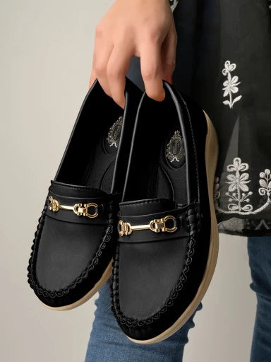 Upper Metalic Buckle Detailed Black Loafers For Women & Girls