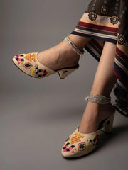 Embroidered Cream Heeled Mules For Women & Girls