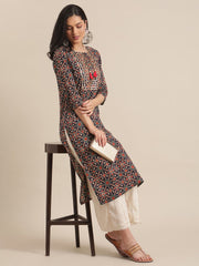 Kalini Women Blue And Beige Abstract Printed Kurta With Gota Work On Yoke And 3/4Th Sleeves