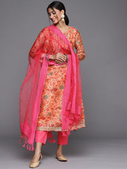 Peach Floral Printed Chanderi Kurta Trouser Set With Bhgalpuri Silk Dupatta