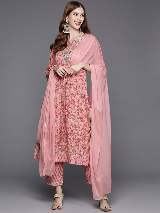 Floral Printed Embroidered Kurta With Straight Pant And Chiffon Dupatta