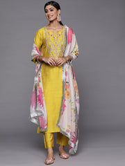 Yellow Embroidered Kurta With Tonal Bottam And Contrast Printed Dupatta