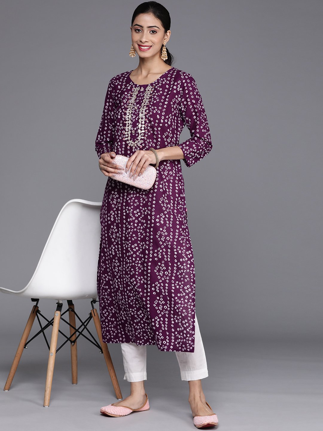 Purple And White Bandhani Printed Kurta Gota Embroidery Round Neckline 3/4Th Sleeves Embroidered Buttons Detail"