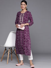 Varanga - Purple And White Bandhani Printed Kurta Gota Embroidery Round Neckline 3/4Th Sleeves Embroidered Buttons Detail"