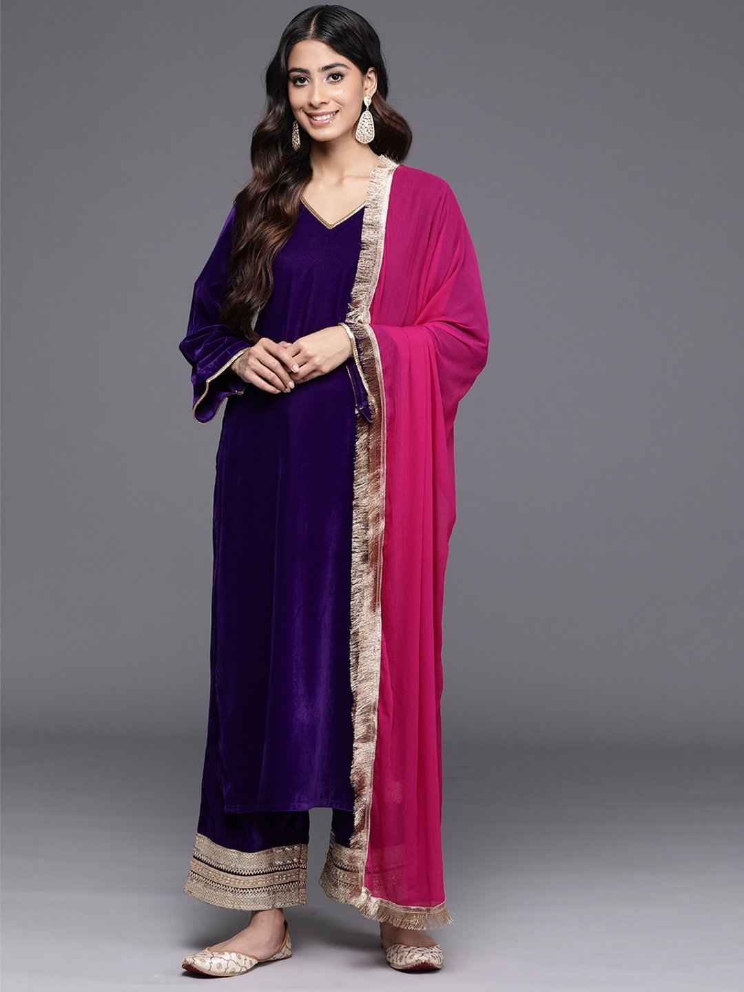 Women Purple Velvet Kurta With Flared Sleevespaired With Tonal Bottom And Contrast Dupatta With Four Sided Fringes