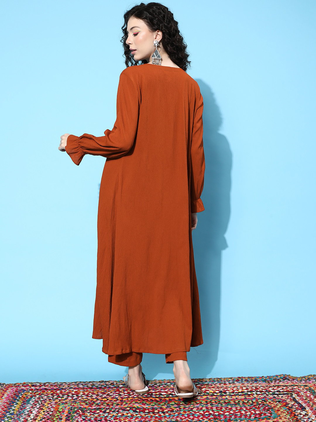 Women Rust Colour, Bishop Sleeve A-Line Kurta Paired With Tonal Bottom