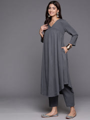 Women Grey Empire Gathered Details A-Line Kurta Paired With Tonal Bottom