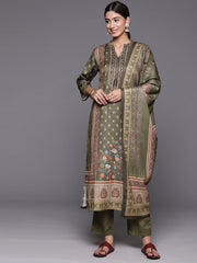 Women Olive Ethnic Motif Printed Straight Kurta Paired With Tonal Bottom And Dupatta