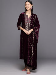 Women Purple Velvet Round Neck Yoke Embroidered With Three Quarter Sleeves Straight Kurta Paired With Tonal Embroidered Bottom And Dupatta With Scalloped Hem