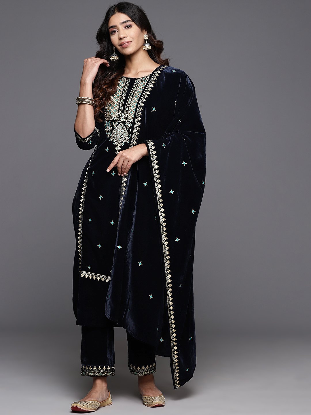 Women Velvet All Over Embroidered, Round Neck Yoke Straight Kurta Paired With Tonal Embroidered Bottom And Dupatta