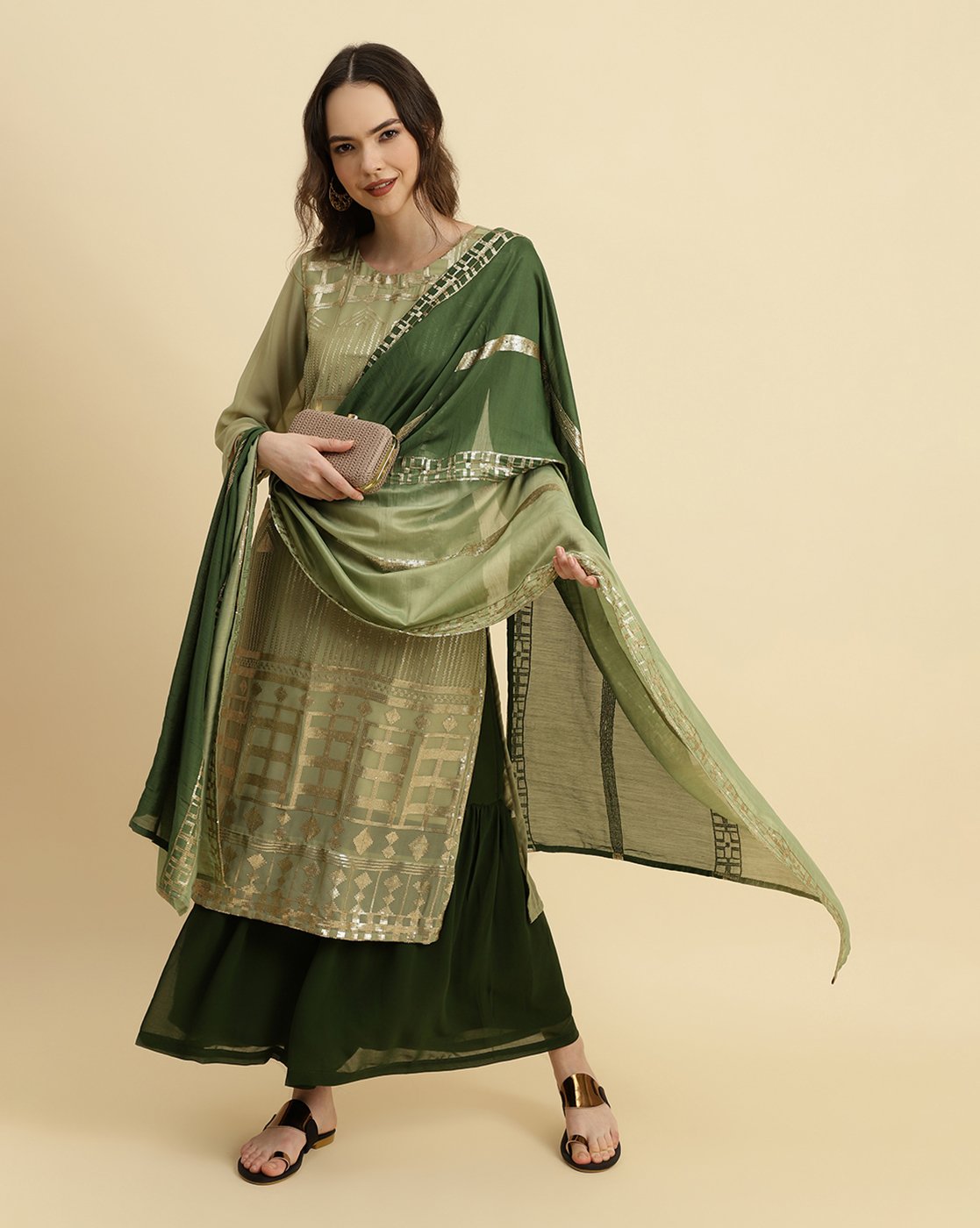 Green Sequened Kurta With Sharara And Sequened Ombre Dupatta