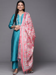 Thread Embroidered Straight Kurta Paired With Printed Dupatta And Straight Pant