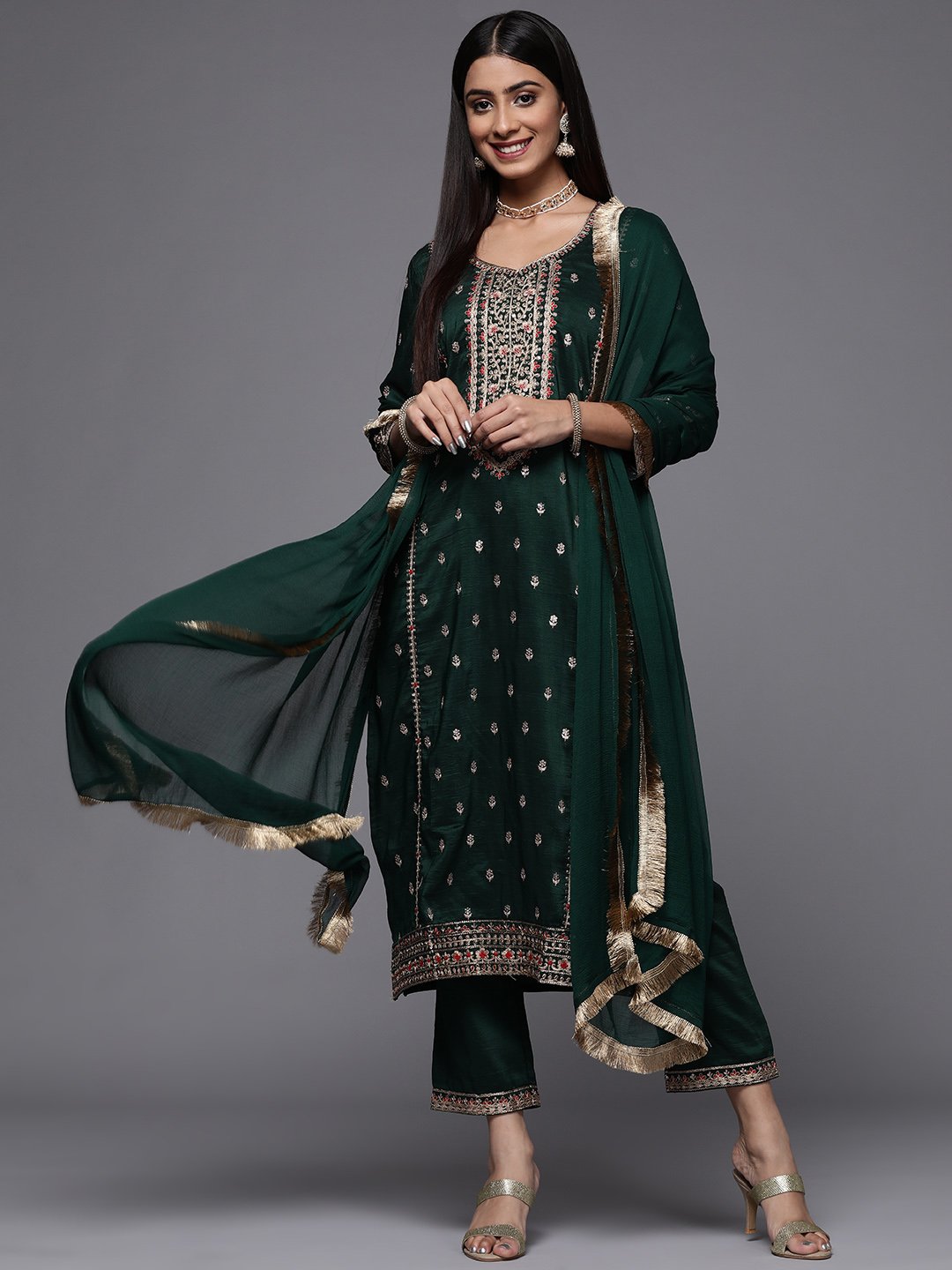 Green Embroidered Kurta Paired With Tonal Bottom And Dupatta