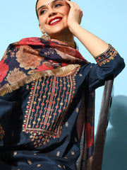 Blue Embroidered Kurta With Tonal Bottom And Printed Dupatta