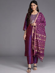 Women Purple Embroidered Kurta Paired With Tonal Bottom And Dupatta