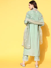 Women Sea Green Embroidered Kurta Paired With Tonal Trouser And Dupatta