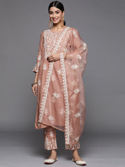 Women Mauve Embroidered Kurta Paired With Tonal Trouser And Dupatta