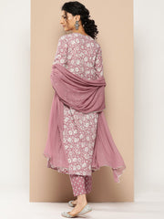 Women Mauve Floral Printed Kurta A-Line Kurta Paired With Tonal Printed Bottom And Chiffon Solid Dupatta